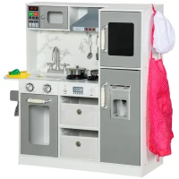 AIYAPLAY Toy Kitchen with Lights, Sounds, Apron and Chef Hat, Ice Maker, Microwave, for Ages 3-6 Years - White(m-11)