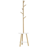 HOMCOM Garderobenständer mit Beistelltisch im Skandi-Design, 5 Kleiderhaken, 39, 5 cm x 39,5 cm x 171 cm, Natur + Weiß