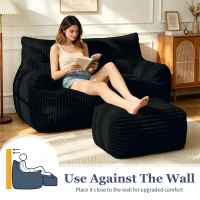 Oversized 2-Seater Corduroy Sofa with Ottoman, Comfortable Couch for Couples and Family, 100L x 135W x 75H cm, Black(m-6)