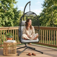 Outsunny Hängesessel mit Gestell faltbar Polyrattan Hängekorb mit Kissen Sicherheitsgurt Kopfstütze Bänder, höhenverstellbar(m-8)