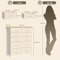 HOMCOM Commode 10 Tiroirs en Tissu, Meuble de Rangement avec 4 Poches, 2 Crochets, Structure en Acier, 80 x 30 x 94,5 cm, Beige(m-3)