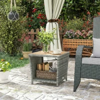 Outsunny Side Table 2-Tier Outdoor Coffee Table with Storage Shelf PS Wood Slat Top/Light Grey(m-10)