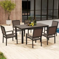 Outsunny 6 Seater Garden Dining Set with Stackable Chairs, Aluminium Frame, Rectangular Plastic Top, Garden Furniture Set, Outdoor Dining Table and Chairs for Patio, Balcony, Poolside, Brown(m-8)