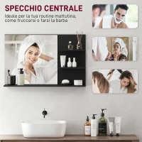 kleankin Specchio Bagno Moderno con 2 Ripiani Laterali e Ripiano Inferiore, in Legno e Vetro, 75x10x48 cm, Nero(m-5)