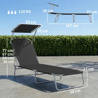Outsunny Transat Bain de Soleil Pliable Chaise Longue Pliante Grand Confort Dossier Inclinable Multi-positions et Pare-Soleil réglable Dim. 187L x 58l x 36H cm Noir(m-3)