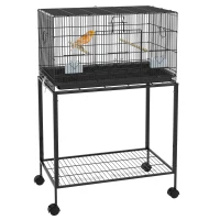 PawHut Gaiola para Pássaros com Rodas 77x46x119 cm Bandeja Amovível 2 Poleiros 2 Comedouros e Prateleira de Armazenamento Preto(m-1)