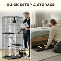 PawHut 3-Tier Large Cat Cage Indoor, Detachable Metal Wire Kennel with Hammock, Platforms, Tray and Cushions for 1-2 Kittens(m-8)