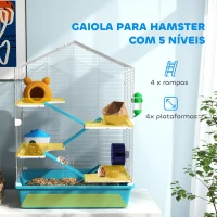 PawHut Gaiola para Hamster de 5 Níveis com Plataformas Comedouro Bebedouro Casa Rampa e Rodas de Exercícios 58x36x81 cm Azul Claro(m-4)