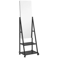 HOMCOM Free Standing Dressing Mirror, Rolling Full Length Mirror on Wheels with Adjustable Angle, Storage Shelves for Bedroom(m-1)