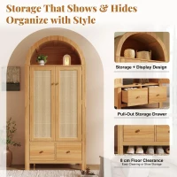 Country-Style Rattan Wardrobe with Semi-Circular Storage Area, Stylish Storage Cabinet for Bedrooms and Entryways, 78L x 45W x 181H cm, Oak(m-6)