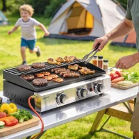 Outsunny Gasgrill 7,5 KW Tragbarer Tischgrill mit 3 Brenner Keramische Lackbeschichtung Grillrost Warmhalterost(m-10)