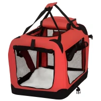 PawHut Foldable Cat Carrier for Small and Miniature Dogs, Portable Pet Carrier Soft Side Pet Travel Crate with Removable Mat, Storage Bags, Breathable Mesh Window 60 x 42 x 42cm - Red(m-1)