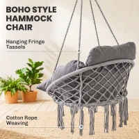 Outsunny Hanging Chair Outdoor Hammock Chair with Soft Cushion, Cotton Rope Boho Style Swing Chair, Hanging Garden Swing Seat for Indoor Outdoor, Dark Grey(m-5)