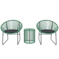 Outsunny 3-teiliges Outdoor-Möbelset, 1 Tisch, 2 Stühle, Glastischplatte, Kunststoff-Rattan um Stahlrahmen, weiche Kissen, Grün(m-1)