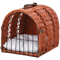 PawHut Transporttasche für Katze Hund aus Weide geflochten Korbhöhle mit Kissen Gitter für Transport Katzen Hunden Braun Metall 42 x 35 x 37 cm(m-1)