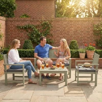 Outsunny 4 Seater Wooden Garden Furniture Set with Loveseat, Armchairs, Table, Acacia Wood Garden Sofa Set, Light Grey(m-9)