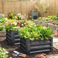Outsunny Set of 2 Raised Garden Bed, Outdoor Elevated Galvanised Planter Box for Flowers, Herbs, 60x60x30.5cm, Grey(m-7)