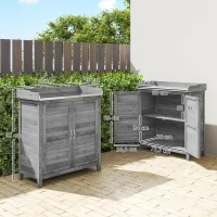 Outsunny Gartenschrank mit Pflanztisch, Holz Geräteschuppen mit verzinkter Arbeitsplatte 2 Regalböden Grau(m-3)