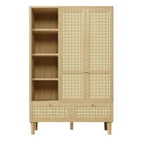 Rustic Oak Rattan Wardrobe with Clothes Rail and 2 Drawers, Wooden Armoire Closet Cabinet for Bedroom, 120L x 50W x 180H cm, Oak(m-2)