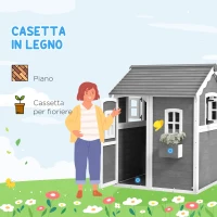 Outsunny Casetta per Bambini 3-8 Anni con 6 Finestre e Fioriera, in Legno di Abete, 104.5x110x137 cm, Grigia(m-4)