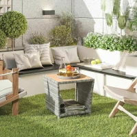 Outsunny Side Table 2-Tier Outdoor Coffee Table with Storage Shelf PS Wood Slat Top/Light Grey(m-2)