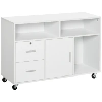 HOMCOM Support d'imprimante à 2 tiroirs meuble de rangement sur roulettes étagères ouvertes et placard, 100 x 35 x 65 cm, blanc(m-11)