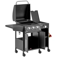 Outsunny 3+1 Burner Gas BBQ Grill with Storage Cabinet and Shelves, 9.5 kW Gas Barbecue Trolley with 6 Castor Wheels, Warming Rack, Thermometer for Outdoor Cooking Garden Party, Black(m-11)