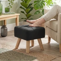 HOMCOM Linen-Look Square Padded Footstool - Black(m-2)