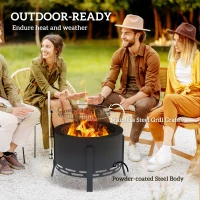 Outsunny Portable Fire Pit, 58 cm Round Firepit with Grill Grate, Fire Bowl with Ash Catcher and Poker, Fire Pit BBQ for Garden Camping Bonfire Picnic, Black(m-5)