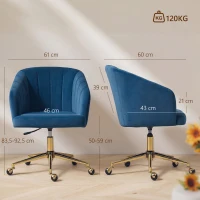 HOMCOM Cadeira de Escritório com Rodas de Veludo com Encosto Acolchoado Altura Ajustável e Espuma de Alta Resiliência Azul(m-3)