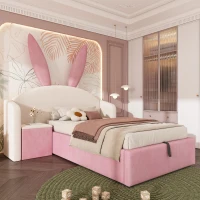 Bunny Ears Children's Bed with Hydraulic Storage, Adorable Bed for Girls Bedrooms, 206L x 149W x 143H cm, Beige+Pink(m-8)