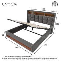 Vintage-Look King Bed with LED Lighting, Stylish Bed Frame with Gas-Lift Under-Bed Storage Space, 210L x 185W x 117H cm, Grey(m-3)