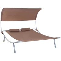 Outsunny Bain de Soleil 2 Places lit de Jardin Toit réglable 2 roulettes 2 oreillers Acier époxy Polyester Marron foncé(m-11)