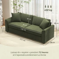 HOMCOM Canapé 3 places 212 cm avec 2 coussins à ressorts, tissu velours côtelé, pour salon, chambre, bureau à domicile, vert(m-3)