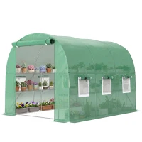 Outsunny Walk-in Greenhouse with Shelves, Polytunnel Greenhouse with Roll-Up Door, 6 Mesh Windows,198 x 275 x 191 cm, Green(m-11)