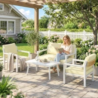 Outsunny 4 Seater Rattan Garden Furniture Set with 2 Armchairs, Loveseat, Coffee Table, Garden Sofa Set with Cushions, Beige(m-8)