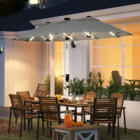 Outsunny 3 m Double-Sided Garden Parasol with LED Solar Lights, Tilt, Outdoor Extra Large Sun Umbrella with Crank Handle, Grey(m-10)