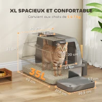 PawHut Bac à litière fermé maison de toilette pour chat acier inoxydable couvercle marche anti-dispersion 60x40x38cm gris foncé(m-3)