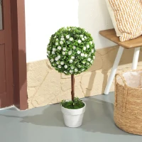 HOMCOM Set of 2 Decorative Artificial Plants, Ball Topiary Tree with Rose Flower in Pot, Fake Plants for Home Indoor Outdoor Decor, 60cm, White(m-8)