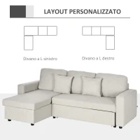 HOMCOM Divano Letto Angolare con Seduta 2 Posti e Penisola, Vano Contenitore e 2 Cuscini in Tessuto, Crema(m-6)