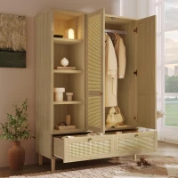 Rustic Oak Rattan Wardrobe with Clothes Rail and 2 Drawers, Wooden Armoire Closet Cabinet for Bedroom, 120L x 50W x 180H cm, Oak(m-7)