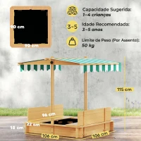 Outsunny Caixa de Areia para Crianças de Madeira com Toldo Ajustável em Altura 2 Bancos e Encostos para Jardim 106x106x121 cm Natural(m-3)