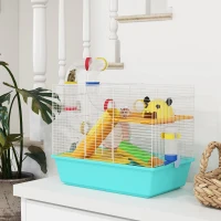 PawHut Cușcă pentru Hamsteri cu Roată, Căsuță, Bol, Rampe și Recipient Apă, Cușcă pentru Gerbili din Oțel, PS și PP, 45x28x37 cm, Alb și Albastru(m-10)