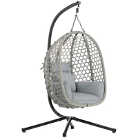 Outsunny Hanging Egg Chair, Indoor Outdoor Rattan Hammock Swing Chair with Stand, Safety Strap, Foldable Basket, Light Grey(m-1)