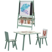 ZONEKIZ Kids Table and Chair Set and Kids Easel with Paper Roll, Storage Baskets, Kids Activity Furniture Set, Green(m-11)