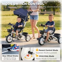 HOMCOM Metal Frame 6 in 1 Baby Push Tricycle with Parent Handle for 1-5 Years Old, Dark Blue(m-7)