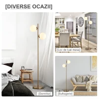HOMCOM Lampă de Podea cu 2 Lumini și Abajururi Sferice, Comutator de Picior și Soclu E27, Ø28x165 cm, Aur(m-4)