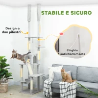 PawHut Albero Tiragraffi a Soffitto con Altezza Regolabile 225-255 cm con Casetta e Amaca, Grigio Chiaro(m-5)