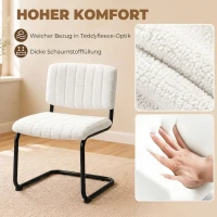 HOMCOM Esszimmerstühle 2er Set modern Freischwinger Stuhl mit hoher Rückenlehne, Teddyfleece-Optik für Küche, Esstisch Creme(m-6)