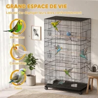 PawHut Grande Cage à Oiseaux sur Roulettes en Acier, Plateau Amovible, Portes, Perchoirs, Mangeoires, 77x46,5x141cm, Noir(m-4)